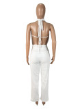 EVE Solid Color Halterneck Backless Mesh Pants Suit SHD-9541