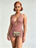 EVE Stripe Halterneck Backless Romper MEM-88703
