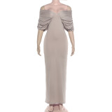 EVE Off Shoulder Ruched Solid Color Maxi Dress GYME-K6D06869A