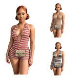 EVE Stripe Halterneck Backless Romper MEM-88703