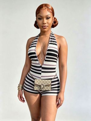 EVE Stripe Halterneck Backless Romper MEM-88703