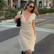 EVE Polka Dot Print V Neck Tie Up 2 Piece Skirt Set  GLAG-S6421410F