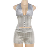 EVE V Neck Halterneck Vest Two Piece Shorts Set XEF-K6S09317A