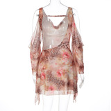 EVE Print Backless Mesh Long Sleeve Mini Dress GLAG-D6421490G