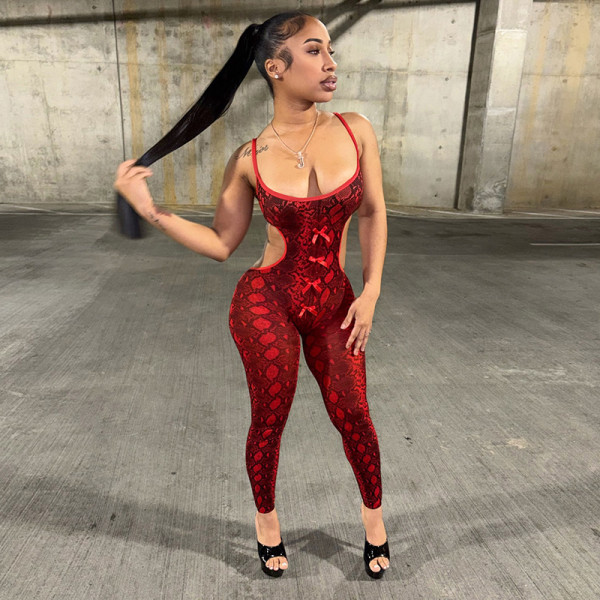 EVE Snake Print Backless Bow-Tie Jumpsuit GDSF-D26JP153