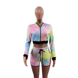 EVE Print Hooded Long Sleeve Two Piece Shorts Set GYLY-9362