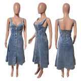 EVE Sleeveless Backless Denim Midi Dress LX-6080