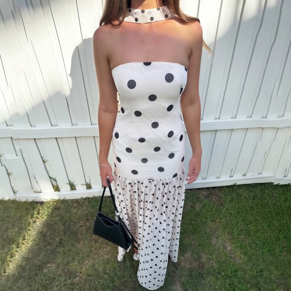 EVE Polka Dot Print Tube Top Maxi Dress XEF-K6D07455A