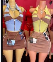 EVE Color Block Zipper Top Two Piece Skirts Set GBGF-265283