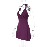 EVE V Neck Solid Color Backless Mini Dress GLAG-D6321330F