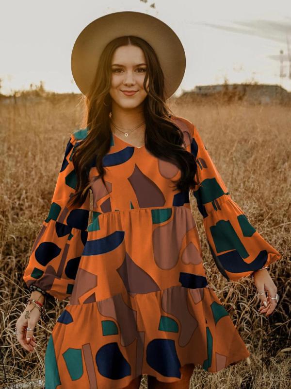 EVE Print Long Sleeve V Neck Midi Dress XMY-N012