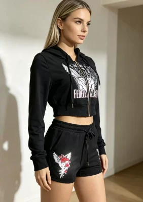 EVE Letter Print Long Sleeve Top Two Piece Short Set GBGF-55010-3