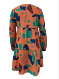 EVE Print Long Sleeve V Neck Midi Dress XMY-N012