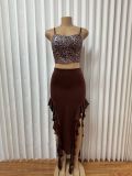 EVE Leopard Print Sling Top Irregular Skirt 2 Piece Set GADE-9175