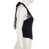 EVE Mesh Patchwork V Neck Backless Top GPKJ-MR47836