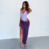 EVE Contrast Color Halterneck Irregular Maxi Dress GDSF-D26DS176