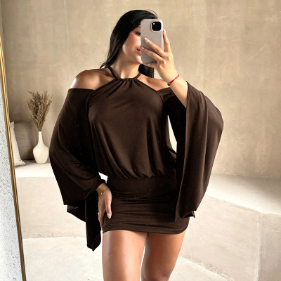 EVE Solid Color Off Shoulder Backless Mini Dress GDSF-D26DS177