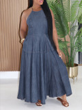 EVE Halterneck Backless Deniim Maxi Dress AIL-353