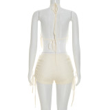 EVE Lace Patchwork Backless Tie Up Two Piece Shorts Set GDSF-C26ST198