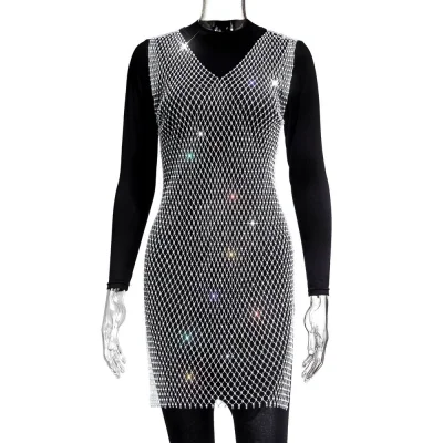 EVE Sexy Mesh Sparkle Diamond Fishnet Mini Dress GZYY-1002