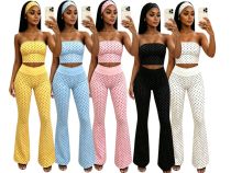 EVE Polka Dot Print Wrap Chest Top Pant Suit(With Headscarf) TK-6355