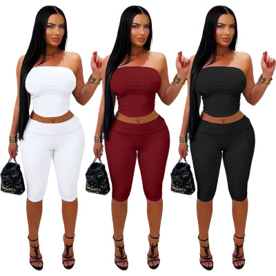 EVE Solid Color Wrap Chest Top Two Piece Shorts Set MZ-26006