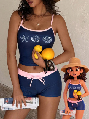 EVE Print Contrast Color Sling Top Two Piece Shorts Set YWXS-K26L2168