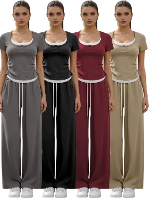 EVE Short Sleeve Sport Top Wide Leg Pants 2 Piece Set SSNF-211525