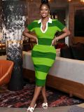 EVE Plus Size Stripe V Neck Split Midi Dress ZDF-33528