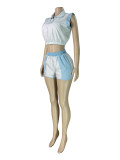 EVE Stripe Print Zipper Two Piece Shorts Set CH-26026