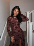 EVE Mesh Print See Through Spli Maxi Dress YWXS-K25L1759