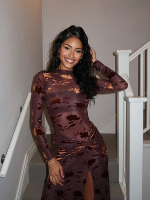 EVE Mesh Print See Through Spli Maxi Dress YWXS-K25L1759
