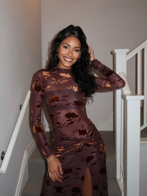 EVE Mesh Print See Through Spli Maxi Dress YWXS-K25L1759