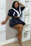 EVE Color Block Zipper Top Puff Skirt 2 Piece Set TR-1372