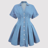 EVE V Neck Short Sleeve Denim Mini Dress GDAM-218976