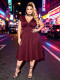 EVE Plus Size V Neck Short Sleeve Midi Dress GAWE-6766
