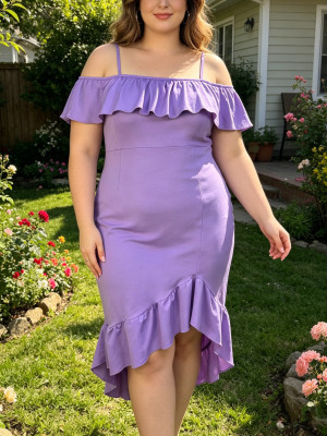 EVE Plus Size Off Shoulder Ruffles Mid Dress GAWE-6770