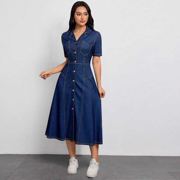 EVE Plus Size Single Breasted Button Short Sleeve Denim Maxi Dress GDAM-218820