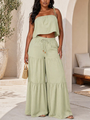 EVE Solid Color Slint Top Wide Leg Pants 2 Piece Set HNIF-YY042