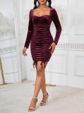 EVE Square Neck Long Sleeve Drawstring Midi Dress GYLY-9853