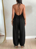 EVE Solid Color Halterneck Backless Loose Jumpsuit HNIF-ZM026