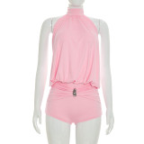 EVE Solid Color Halterneck Ruched Romper MXBF-J26RP238
