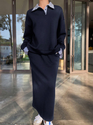 EVE Stripe Lapel Long Sleeve Sweatshirt Long Skirt Suit HNIF-ZM006