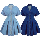EVE V Neck Short Sleeve Denim Mini Dress GDAM-218976
