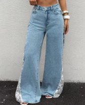 EVE Lace Patchwork Denim Wide Leg Jeans OD-8785