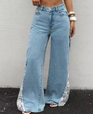 EVE Lace Patchwork Denim Wide Leg Jeans OD-8785