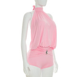 EVE Solid Color Halterneck Ruched Romper MXBF-J26RP238