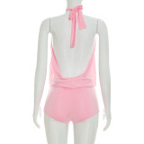 EVE Solid Color Halterneck Ruched Romper MXBF-J26RP238