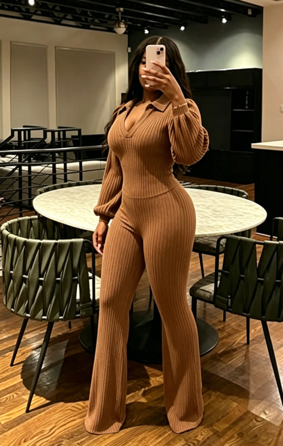 EVE Solid Color Lantern-Sleeve Two Piece Pants Set NY-3938