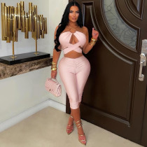 EVE Solid Color Hollow Out Seventh Pants Two Piece Set GDSF-C26ST219